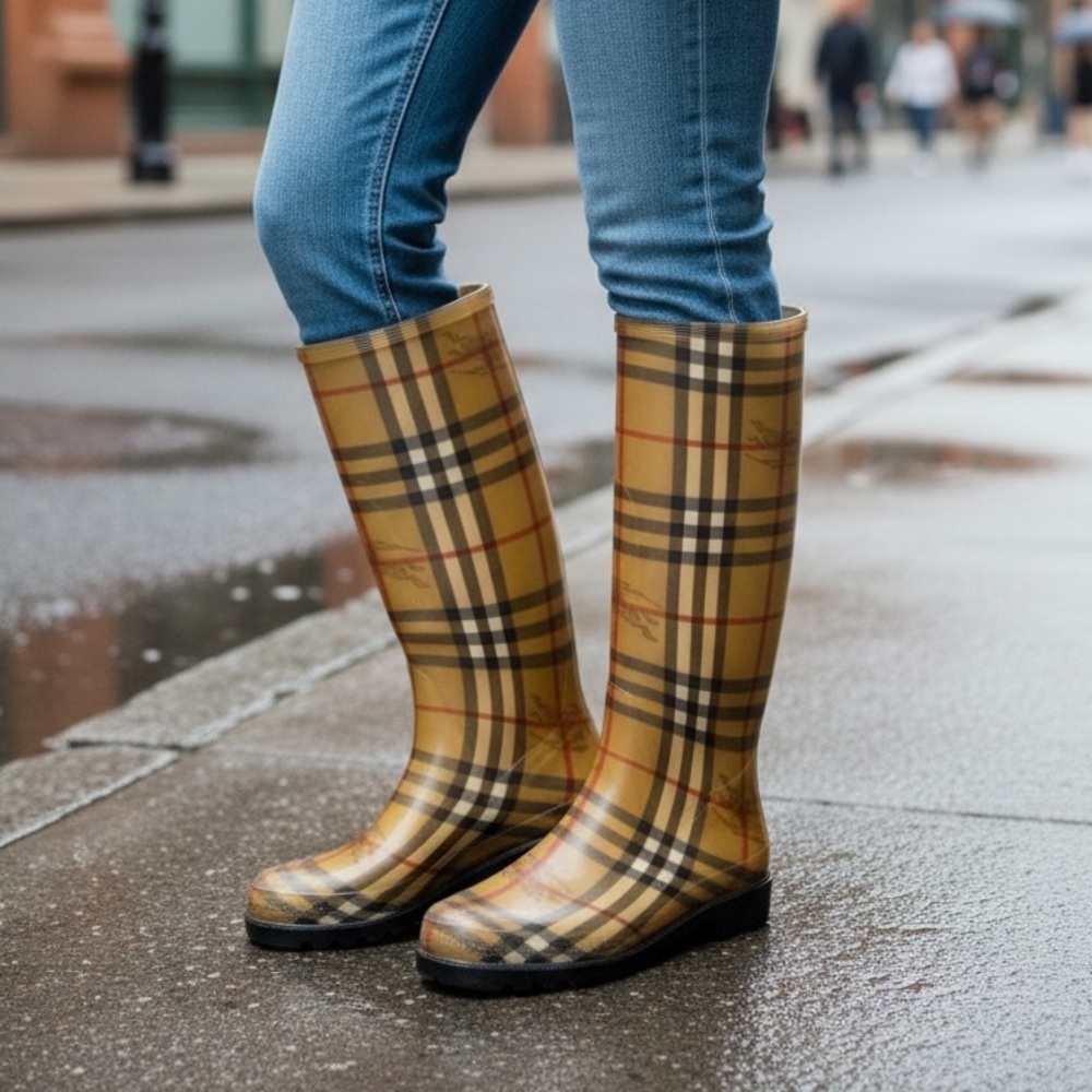 Women's Burberry House Check Pattern /Mid- Calf Rubber Rain Boots/Womens Size 37